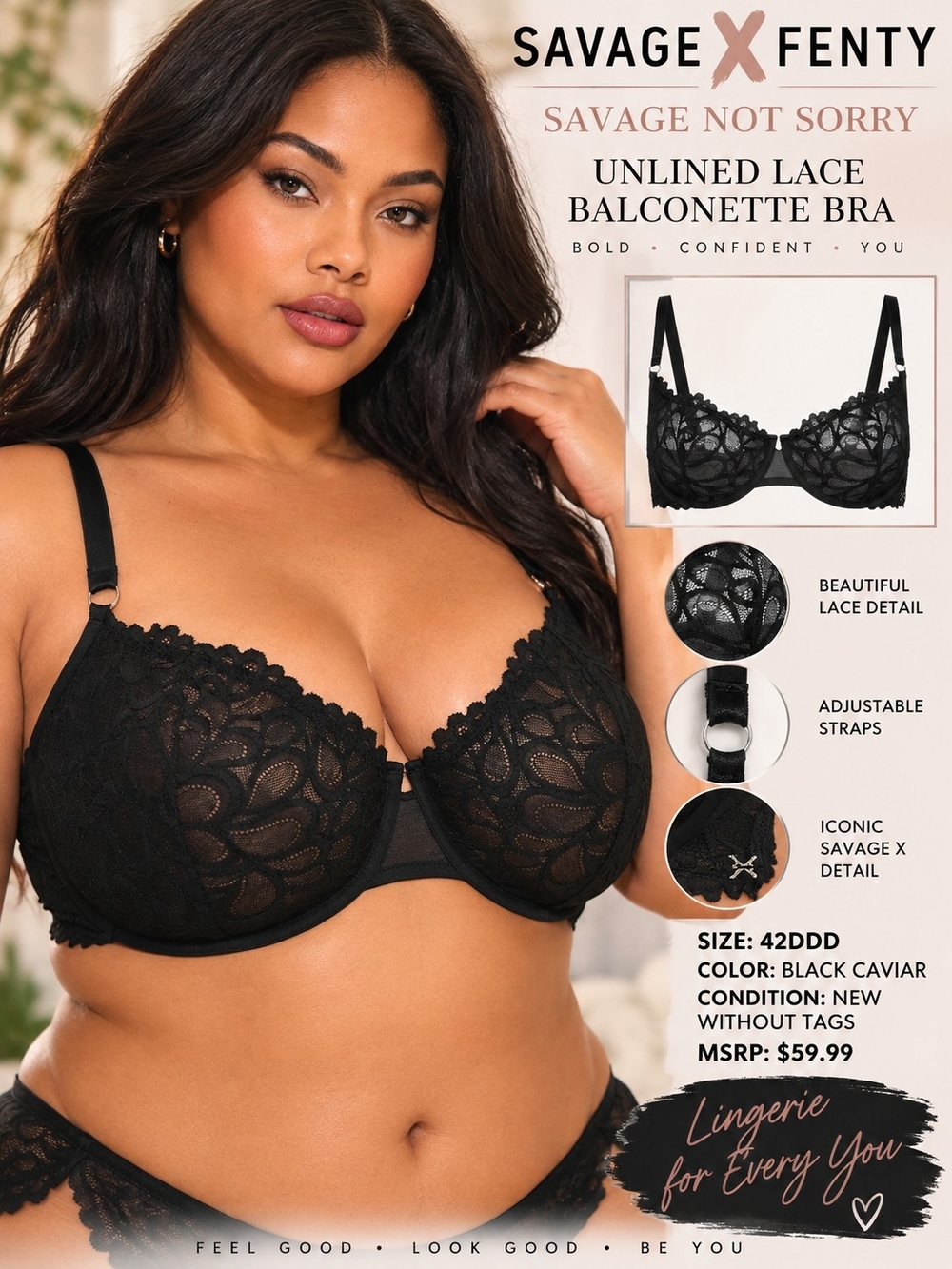 A110. Savage X Fenty Savage Not Sorry Unlined Lace Balconette Bra 42DDD NWOT BLK
